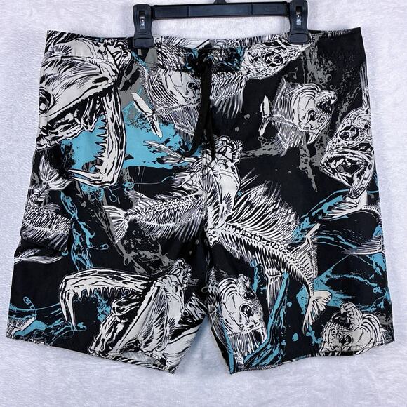 VTG Y2K Joe Boxer Mens 40 Black Blue Piranha AOP Skull Board Shorts Swim Trunks - Picture 2 of 9